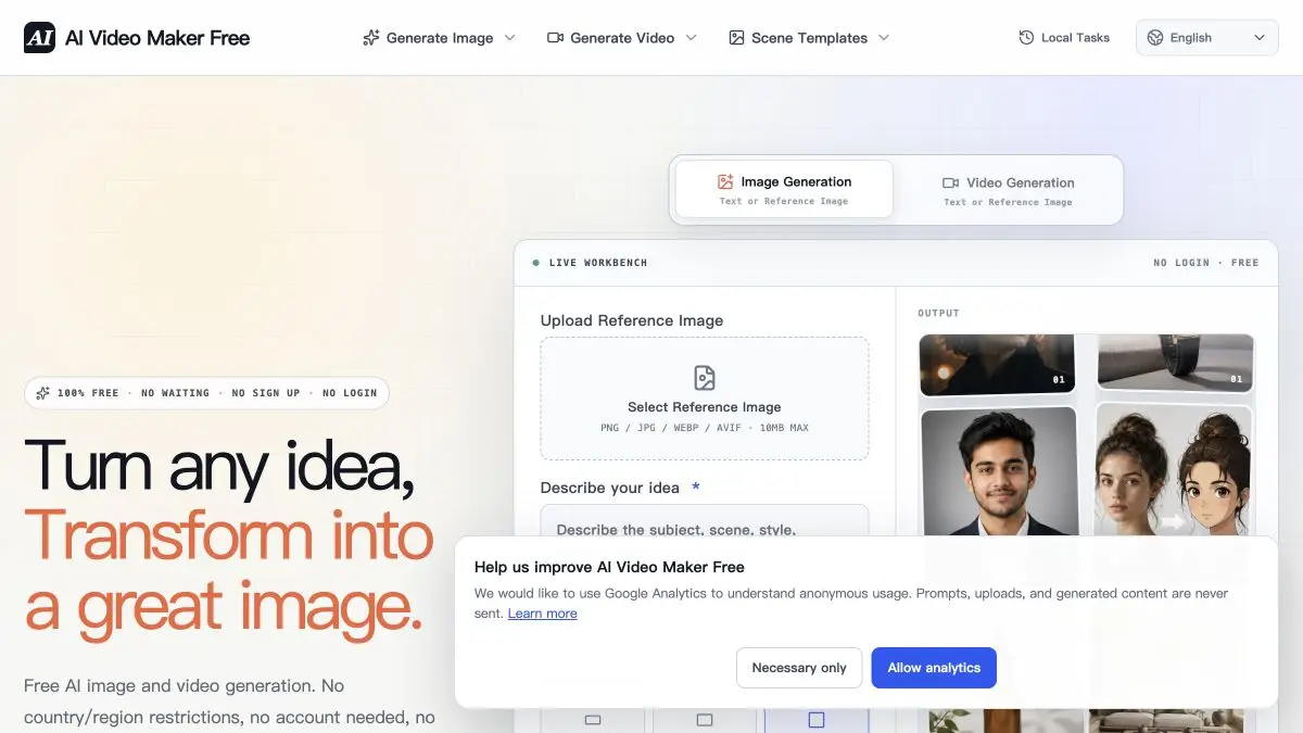 Homepage preview of AI Video Maker Free