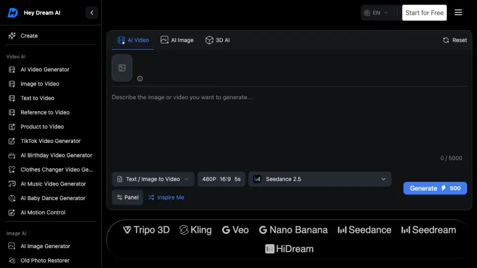 Homepage preview of HeyDream AI