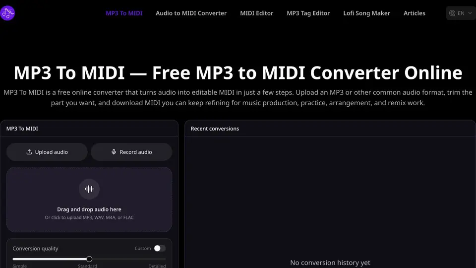 Homepage preview of MP3 to MIDI
