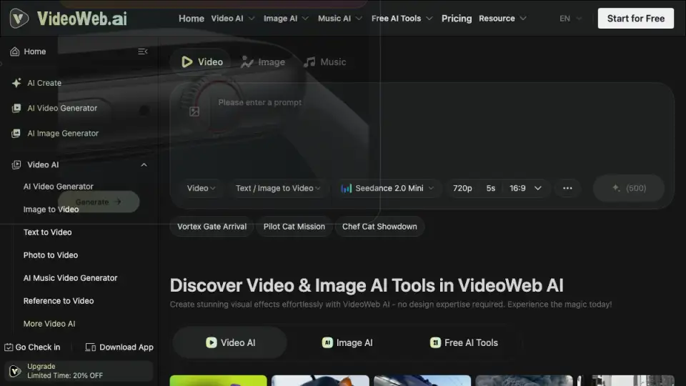 Homepage preview of VideoWeb AI